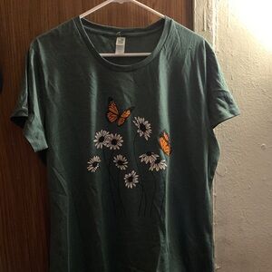 Green Butterfly and Daisy Graphic Tee